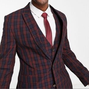 ASOS design SUPER SKINNY SUIT JACKET blazer Mens 32r Burgundy tartan red plaid